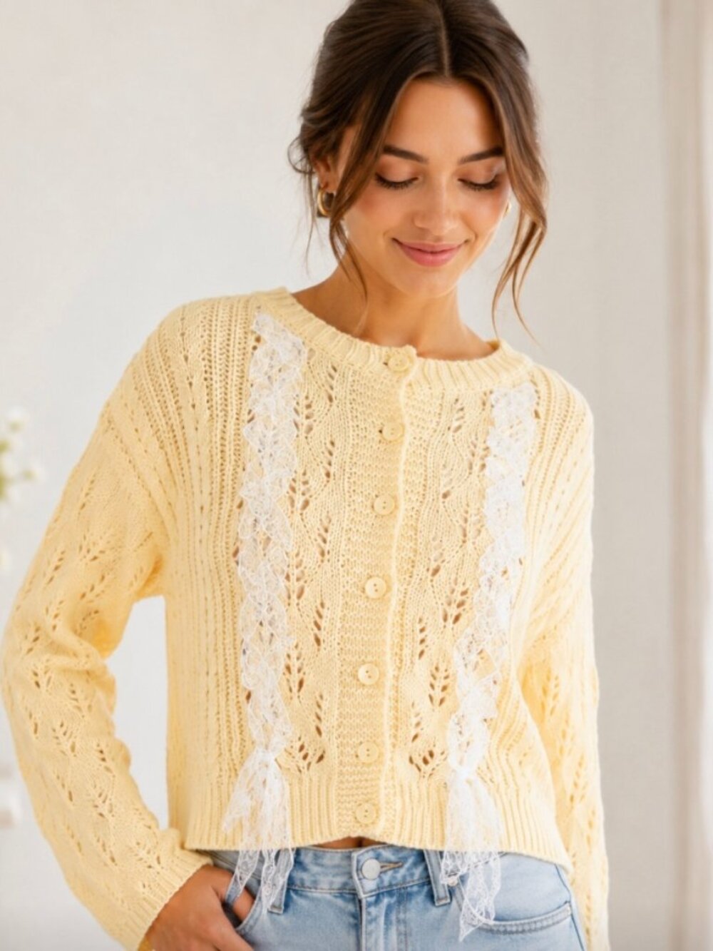 NWT Pretty Garbage Lace Up Pointelle Cardigan Sweater Yellow Cottagecore Small - Picture 1 of 10